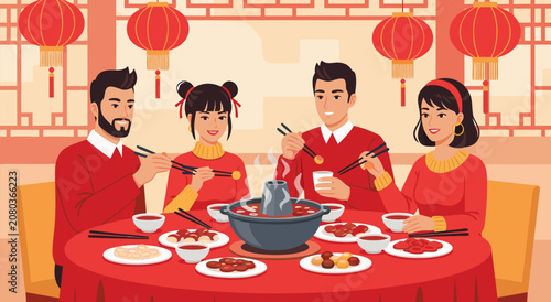Family enjoying a traditional Chinese hot pot dinner illustration vector design featuring festive red lanterns and communal dining
