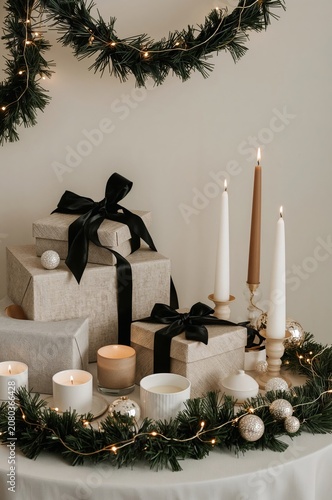 Presents and Candles Arranged for a Holiday Celebration on a Decorated Table