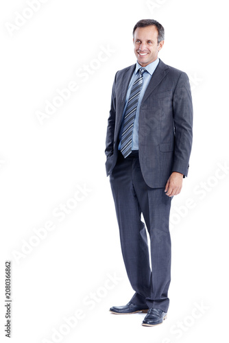Фотография Thinking, studio and business man with smile, investment decision and corporate treasurer with idea