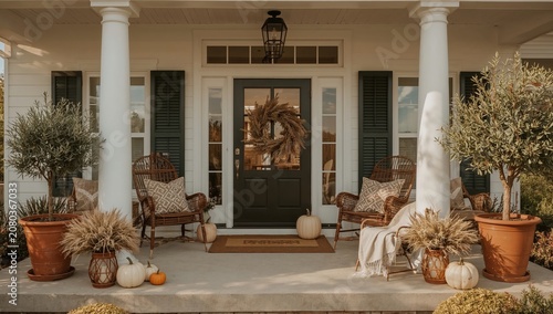 Fall Decorations on a Porch With Pumpkins, Plants, and Wicker Chairs in a Coz...