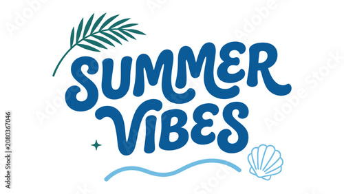 Obraz na plátně Summer Vibes Graphic: A vibrant and playful graphic illustration exuding the essence of summer with stylized text SUMMER VIBES, tropical leaf, and seashell motifs