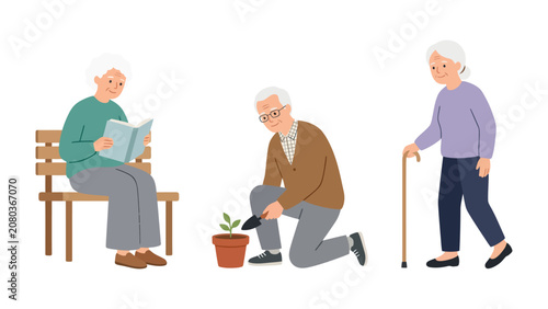 Quadro su tela Senior Lifestyle Variety: A trio of seniors engaged in diverse activities - reading on a bench, gardening in a pot, and walking with a cane - depict a fulfilling and active retirement