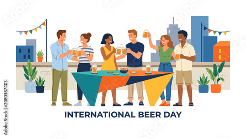 Foto International Beer Day Celebration: A diverse group of joyful friends gathers on a vibrant rooftop terrace, clinking mugs of beer to celebrate a festive outdoor social gathering at sunset