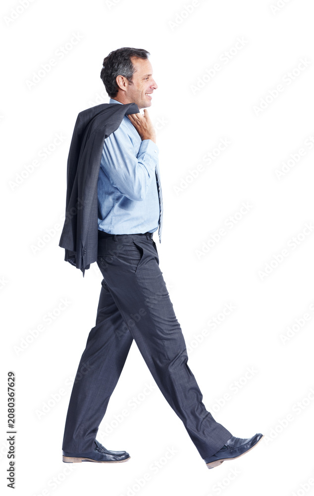 Fototapeta premium Formal, fashion and businessman with style in studio for corporate clothing on a white background. Male person, employee or walking with shirt or confidence for business attire or outfit on space