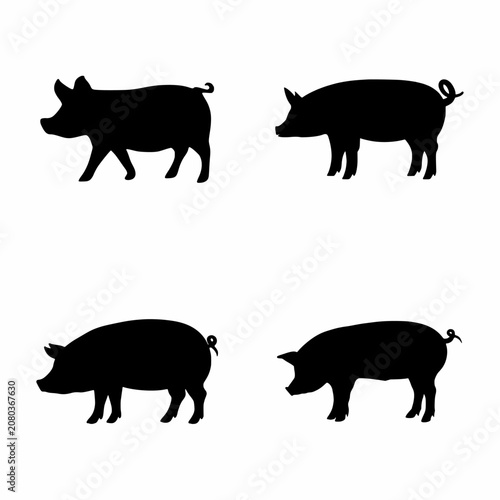 Livestock farm animal pig and hog silhouette icon set vector illustration
