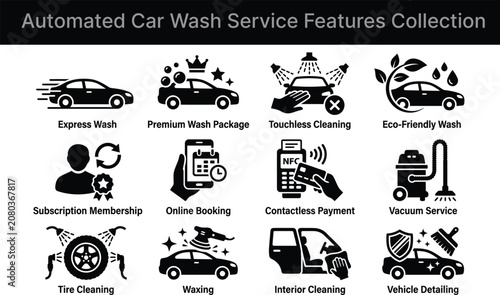 Automated Car Wash Service Features Collection Flat Icons On White Background