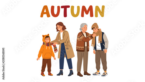 Slika na platnu Family Autumn Gathering: A heartwarming illustration depicts a multi-generational family bundled in cozy autumn attire, sharing a moment of connection and warmth as the word AUTUMN floats above