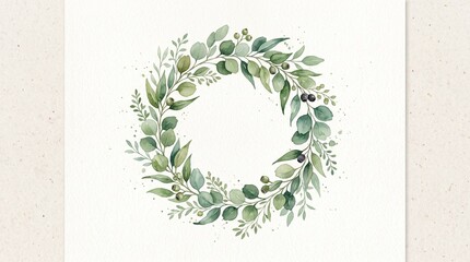 Watercolor wreath with green eucalyptus leaves and branches. Perfect for wedding invitation, postcard, scrapbooking, Mother day card decoration, packaging, greeting cards. 