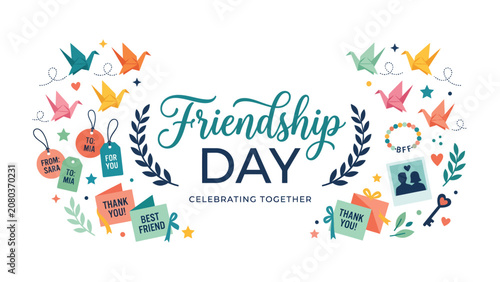 Photos Friendship Day Celebration Banner: A vibrant illustration showcasing the essence of Friendship Day, with colorful origami cranes, gift tags, heartfelt cards, and cherished memories