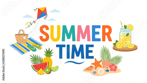 Obraz na plátne Summer Time Celebration: A vibrant illustration capturing the essence of summer with a kite, beach bag, flip-flops, refreshing lemonade, tropical fruits, and seashells