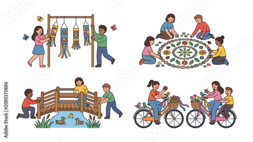 Tableau sur toile Children's Creative Pursuits: A four-panel illustration depicts children engaged in various creative and constructive activities, including crafting, creating mosaics, building a bridge
