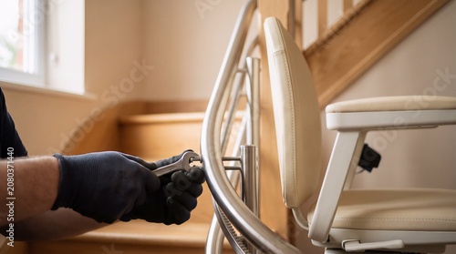Professional technician repairing stairlift railing with hand tools and protective gloves stairlift technician maintenance accessibility mobility professional