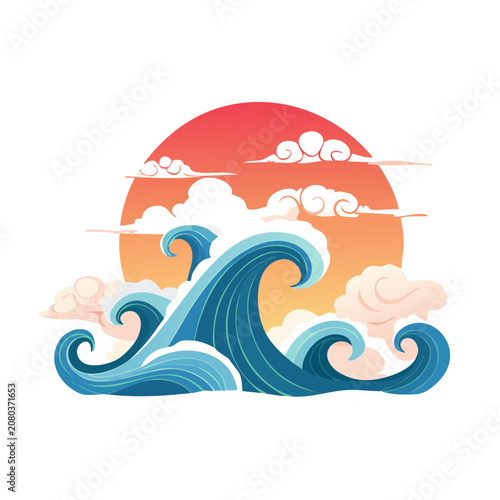 Flat illustration of ocean wave with sunset and clouds