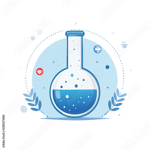 Flat vector illustration of laboratory flask with blue liquid
