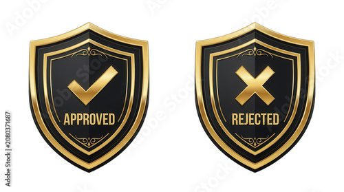 Black and gold luxury shield icons with check mark and cross sign for premium quality and security validation symbols isolated on transparent background