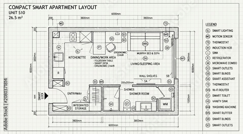 Fotografie Compact smart apartment layout floor plan with legend