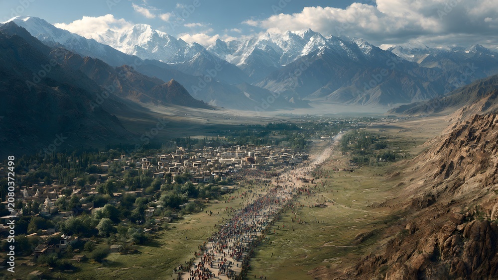 Fototapeta premium People gathering in Leh valley during a traditional mountain celebration