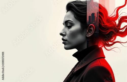 Woman profile in mono with red flowing hair and urban double exposure evokes giga