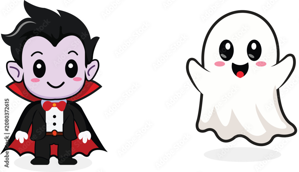 Fototapeta premium Cute cartoon Halloween vampire boy and friendly ghost character set flat illustration vector isolated on white background