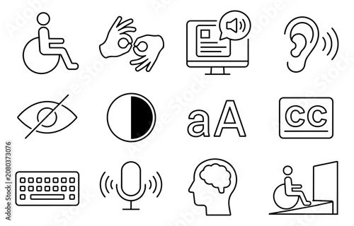 Accessibility Line Art Icons Set - Wheelchair Sign Language Screen Reader Hearing Closed Captions Voice Control Inclusive Design Vector Outline Collection