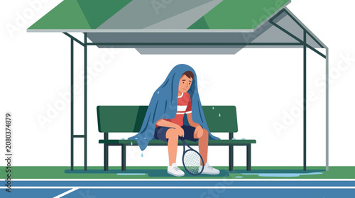 Sad Tennis Player Hiding from Rain Under Shelter with Blanket