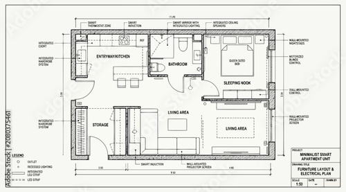 Minimalist apartment unit furniture layout and electrical plan with technical annotations