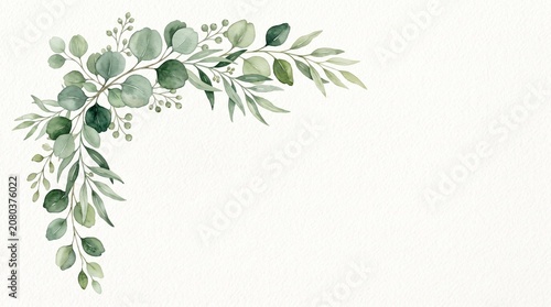 Watercolor corner border frame with green eucalyptus leaves and branches. Greenery clipart for wedding invitation, greeting cards, save the date, stationery design. Hand drawn illustration