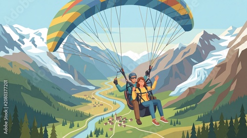 Couple paragliding over mountains and river in scenic outdoor adventure