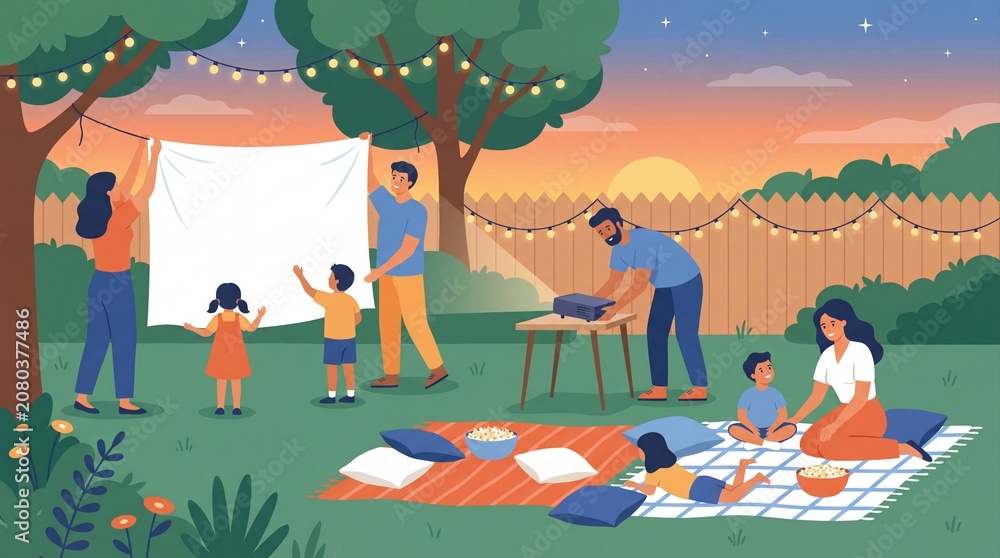 Fototapeta premium Family setting up outdoor movie night in backyard with children and snacks