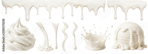 White Cream and Milk Splash Set, Realistic Yogurt Dripping Borders, Whipped Ice Cream Swirl and Liquid Drops Element Bundle Isolated on Transparent Background