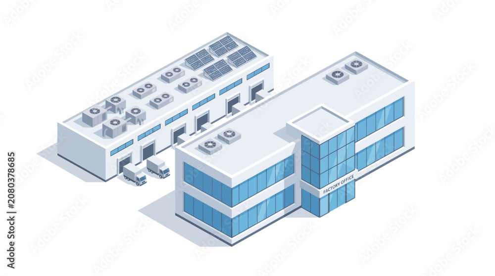 Fototapeta premium Isometric View of a Modern Industrial Warehouse Complex and Corporate Office Building for Logistics and Business Operations Illustration