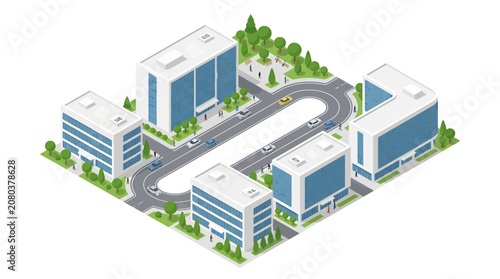 Isometric view of modern office building complex with urban infrastructure road network and green landscaping for city planning and corporate architecture presentation