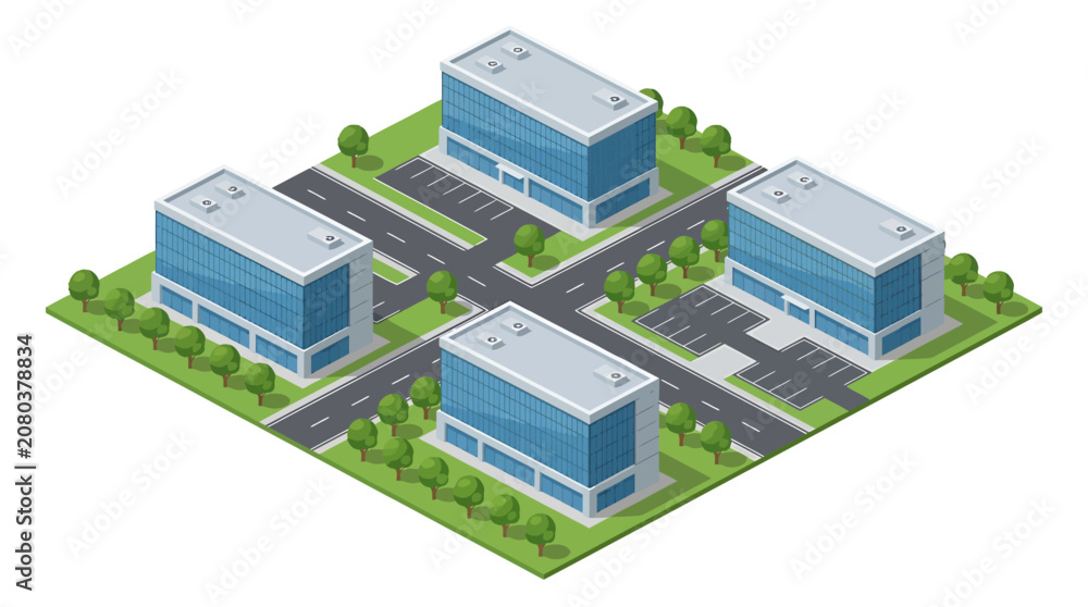 Fototapeta premium Isometric modern business district with office buildings corporate architecture parking lots roads and green trees vector illustration