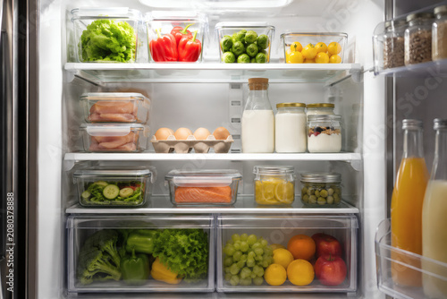Organized Refrigerator Filled with Fresh Healthy Groceries and Storage Containers