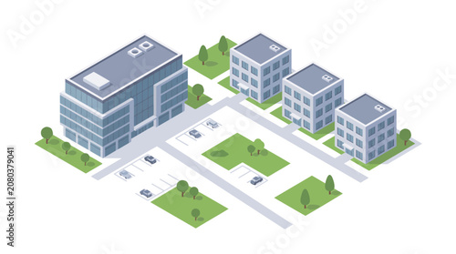 Isometric illustration of a modern business office complex with corporate buildings, parking lot, and green landscaping