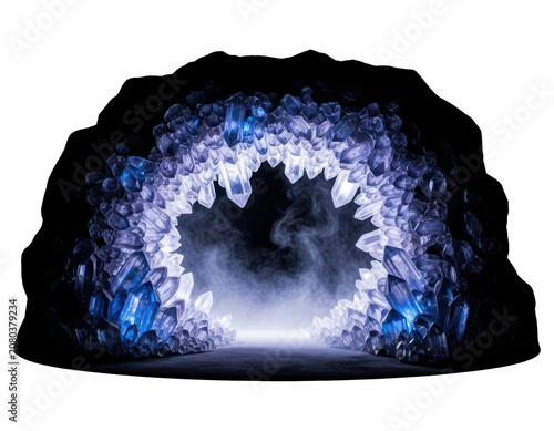 Glowing fantasy crystal cave portal with mist with transparent background