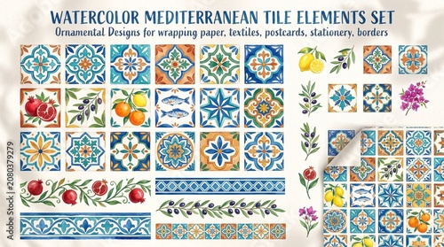 Watercolor decorative Mediterranean tiles elements set. Ornamental design for wrapping paper, textiles, postcards, stationery, borders.