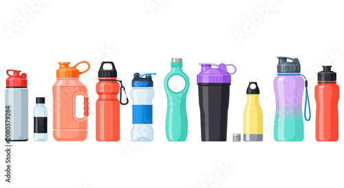 Photos Colorful reusable water bottles, insulated tumblers, and sports bottles, assorte