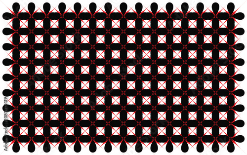 Bold Black And Red Geometric Floral Seamless Pattern With White Diamond Lattice Background.eps