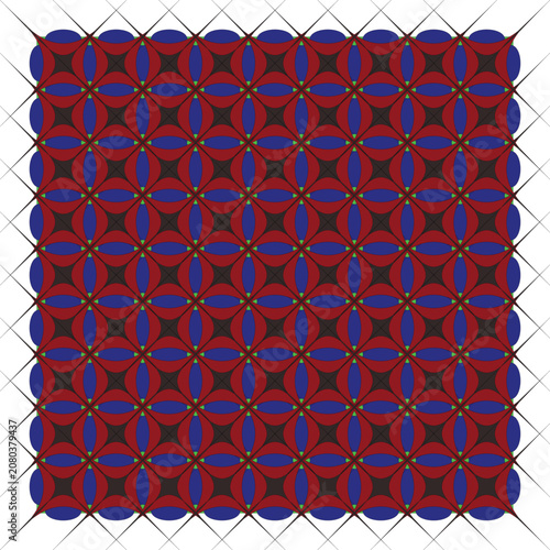 Colorful Geometric Seamless Pattern With Blue Red And Green Petal Motifs On Dark Background.eps