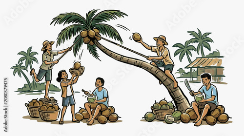 Vintage illustration of palm tree and tropical workers.