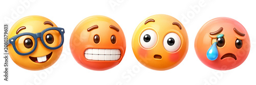 3D Emoji Face Set with Nerd, Nervous, Shocked, and Crying Expressions Isolated on transparent Background
