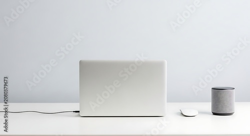 Minimalist modern desk setup with a closed laptop and computer accessories on a white table.