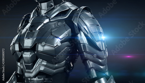 Close up of futuristic metallic sci-fi robot body armor, advanced tactical mecha suit with lens flare
