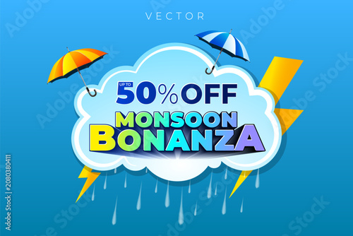3D vector illustration of rain, a monsoon cloud background with up to 50% off monsoon bonanza logo unit.