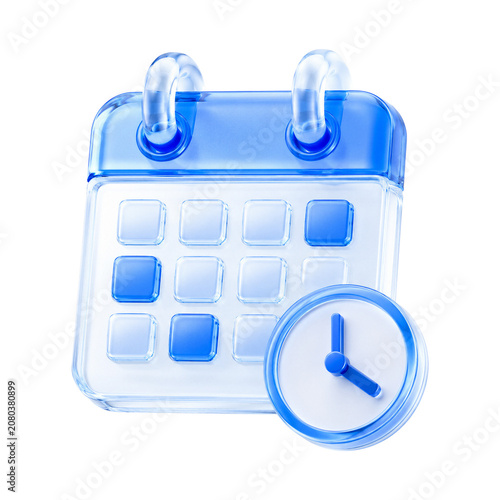 Fotografía 3D Blue Glass Calendar and Clock Icon, Crystal Agenda Planner for Schedule and T