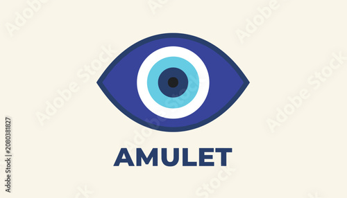 Minimalist graphic icon of a blue nazar evil eye amulet with the word amulet below, representing protection against bad spirits and luck.