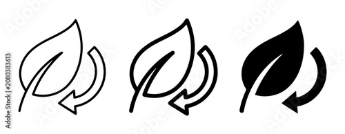 Eco-friendly leaf and recycle arrows icon set, sustainable nature symbol, green energy concept, environmental protection vector graphics