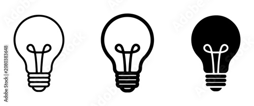 Light Bulb Icons: Simple Outline, Filled Outline, and Solid Black Vector Graphics for Ideas, Innovation, and Creativity Concepts