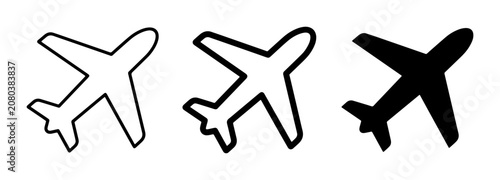 Airplane Icons Set, Vector Graphics: Outline, Filled Outline, Solid Black, Aviation Symbols for Travel and Transport Concepts